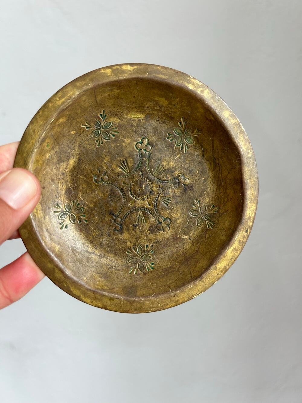 Vintage Brass Trinket Dish, Etched Floral Design Green Accents, Small Ring Dish